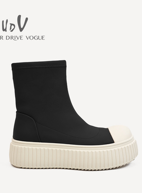 UDV2024秋季新款黑色瘦瘦靴软底短靴圆头厚底高帮弹力袜子靴女