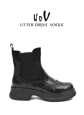 UDV布洛克真皮短靴女2025秋季新款烟筒靴切尔西弹力靴机车靴粗跟