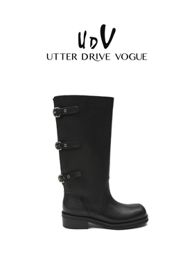 UDV真皮搭扣粗跟英伦风骑士长筒靴女2025秋冬新款不过膝时装靴子