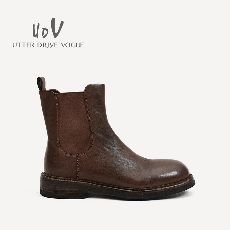 UDV2024秋冬季新款时尚复古马丁靴小牛皮褶皱厚底烟筒切尔西短靴