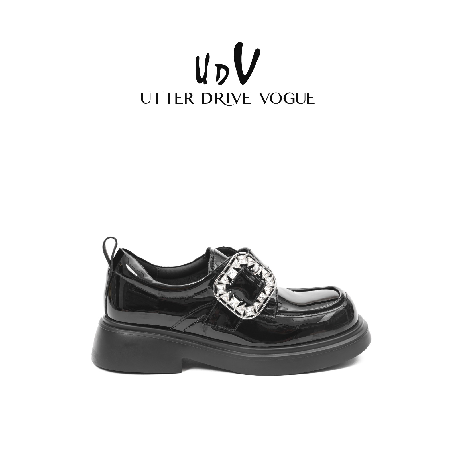 UDV厚底真皮乐福鞋女2025秋季新款方扣镶钻英伦单鞋学院风女鞋