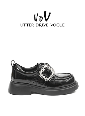 UDV厚底真皮乐福鞋女2025秋季新款方扣镶钻英伦单鞋学院风女鞋