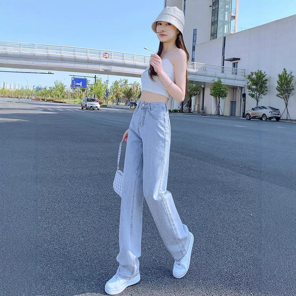 女纯棉牛仔裤浅色直筒牛仔裤阔腿裤宽松高腰显瘦显高内搭拖地裤子
