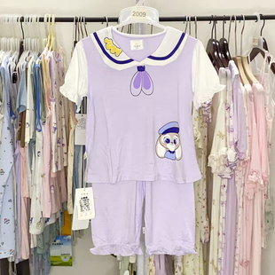 捡漏莫代尔女童短袖七分裤睡衣夏薄款纯色宝宝空调翻领家居服套装