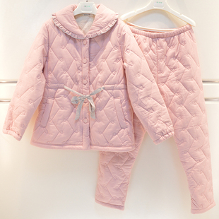 精雅睡衣冬季女士梭织提花三层加厚夹棉素色收腰显瘦棉袄家居服