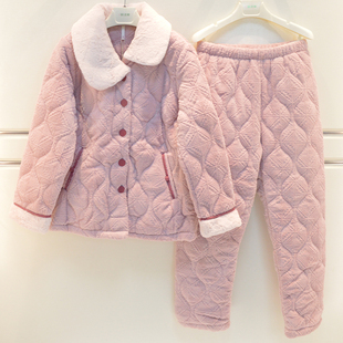 妮可雅睡衣冬季女士消光绒三层夹棉加厚保暖素色气质淑女家居服套