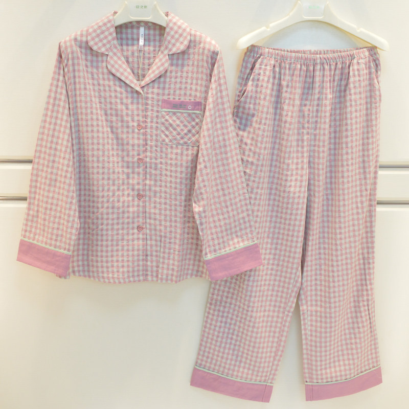 安之伴睡衣2026夏季女士梭织棉格子大方长袖气质时尚韩版家居服套