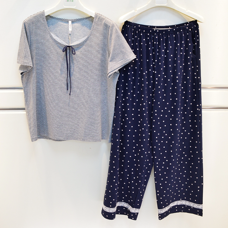 妮可雅睡衣夏季女士纯棉针织条纹甜美韩版可爱淑女短袖家居服套