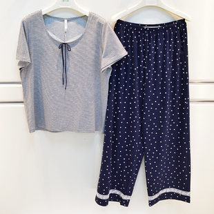 妮可雅睡衣夏季女士纯棉针织条纹甜美韩版可爱淑女短袖家居服套