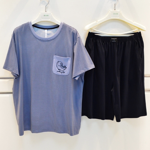安之伴睡衣2026夏季 40支奥力纯棉条纹卡通短袖 短裤 青年家居服 男士