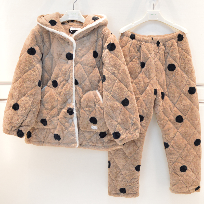 三层加厚波点保暖棉袄家居服套