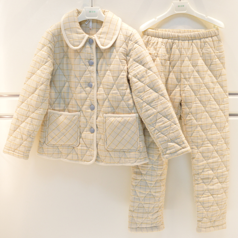 安之伴睡衣冬季女士梭织磨毛格子清爽三层夹棉加厚保暖棉袄家居服