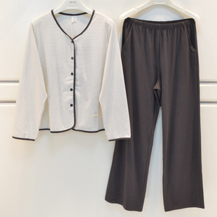 雪尔绵2026睡衣秋季女士纯棉针织条纹休闲V领长袖宽松女家居服套