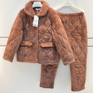 雪尔绵睡衣2026冬季女士法兰绒三层夹棉简约气质保暖棉袄家居服套