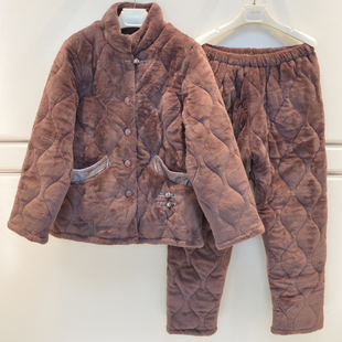 雪尔绵睡衣2026冬季女士法兰绒三层夹棉成熟稳重高贵棉袄家居服套