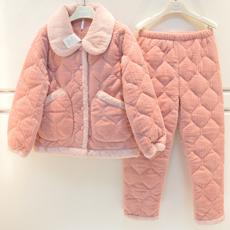 安之伴睡衣冬季女士珊瑚绒夹棉三层加厚棉袄素色简约宽松女家居服