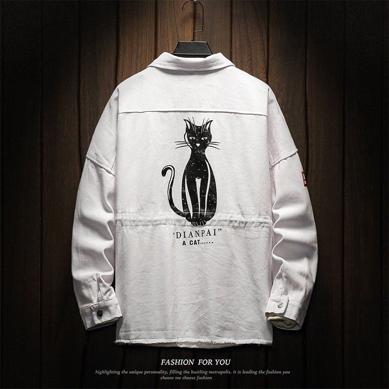 木板风秋季新款猫咪印花夹克男士大码休闲青年宽松外套JK909P75,男装夹克,电商A089-1