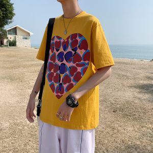 港风ins潮流爱心印花短袖T恤男大码韩版宽松情侣中袖T125图片