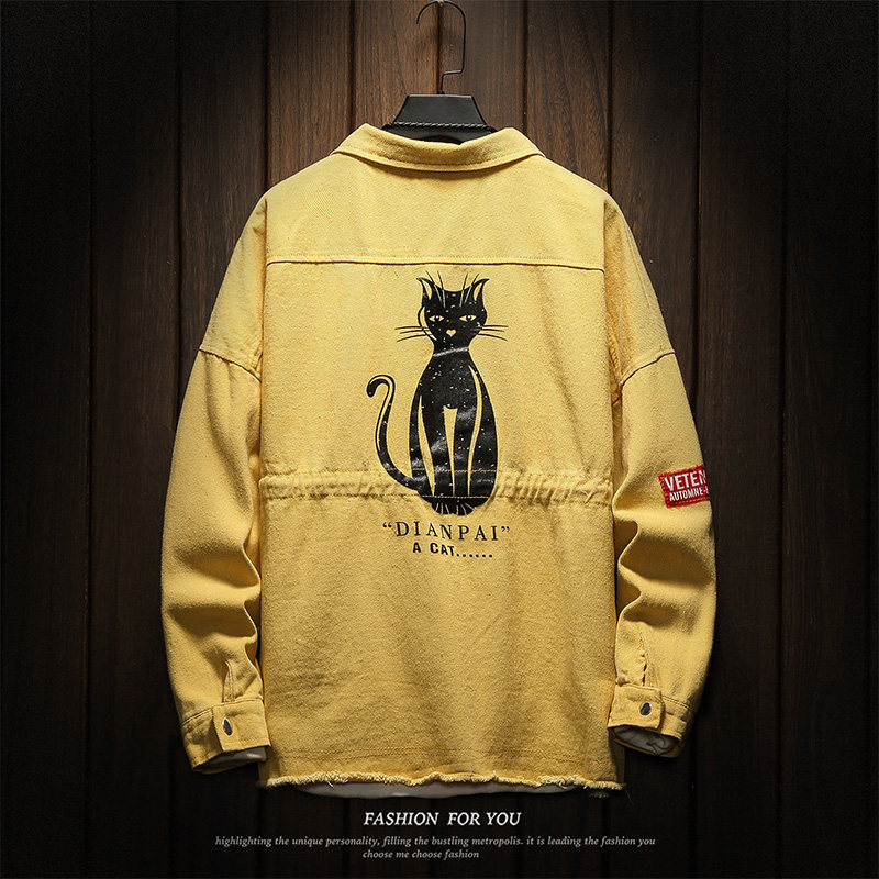 木板风 秋季新款猫咪印花夹克男士大码休闲青年宽松外套 JK909P75图片