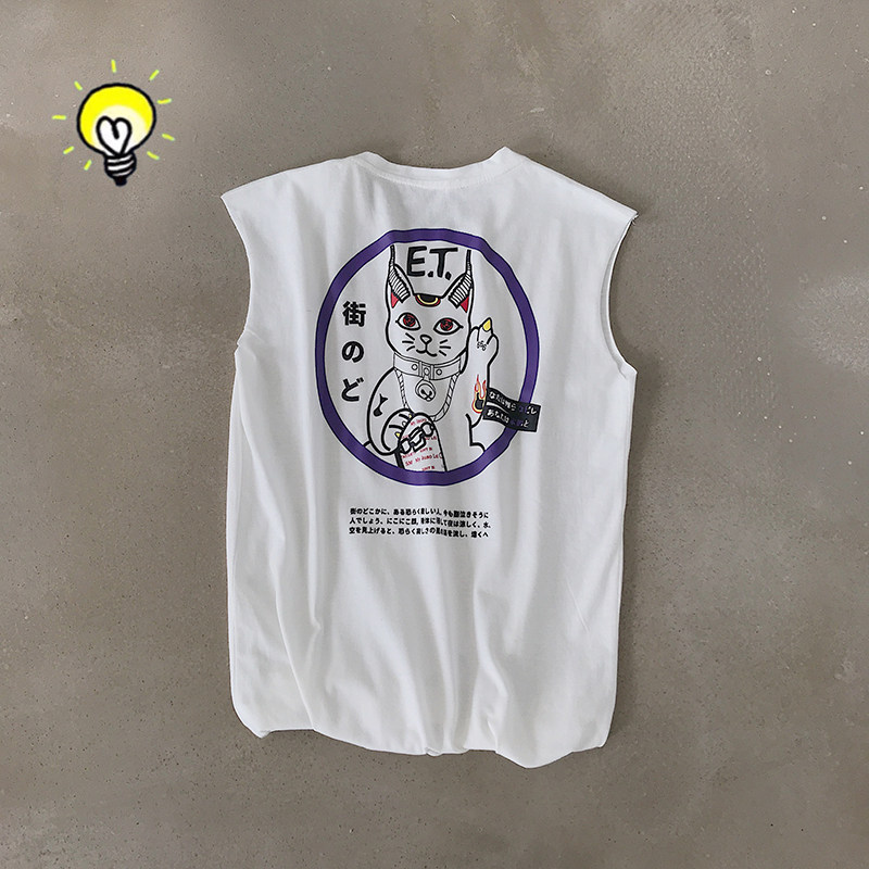 19夏季港风背心小猫印花圆领T恤宽松五分袖猫咪男女坎肩090-BX105，男装背心/马甲，电商A089-1
