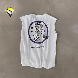 19夏季港风背心小猫印花圆领T恤宽松五分袖猫咪男女坎肩090-BX105，男装背心/马甲，电商A089-1