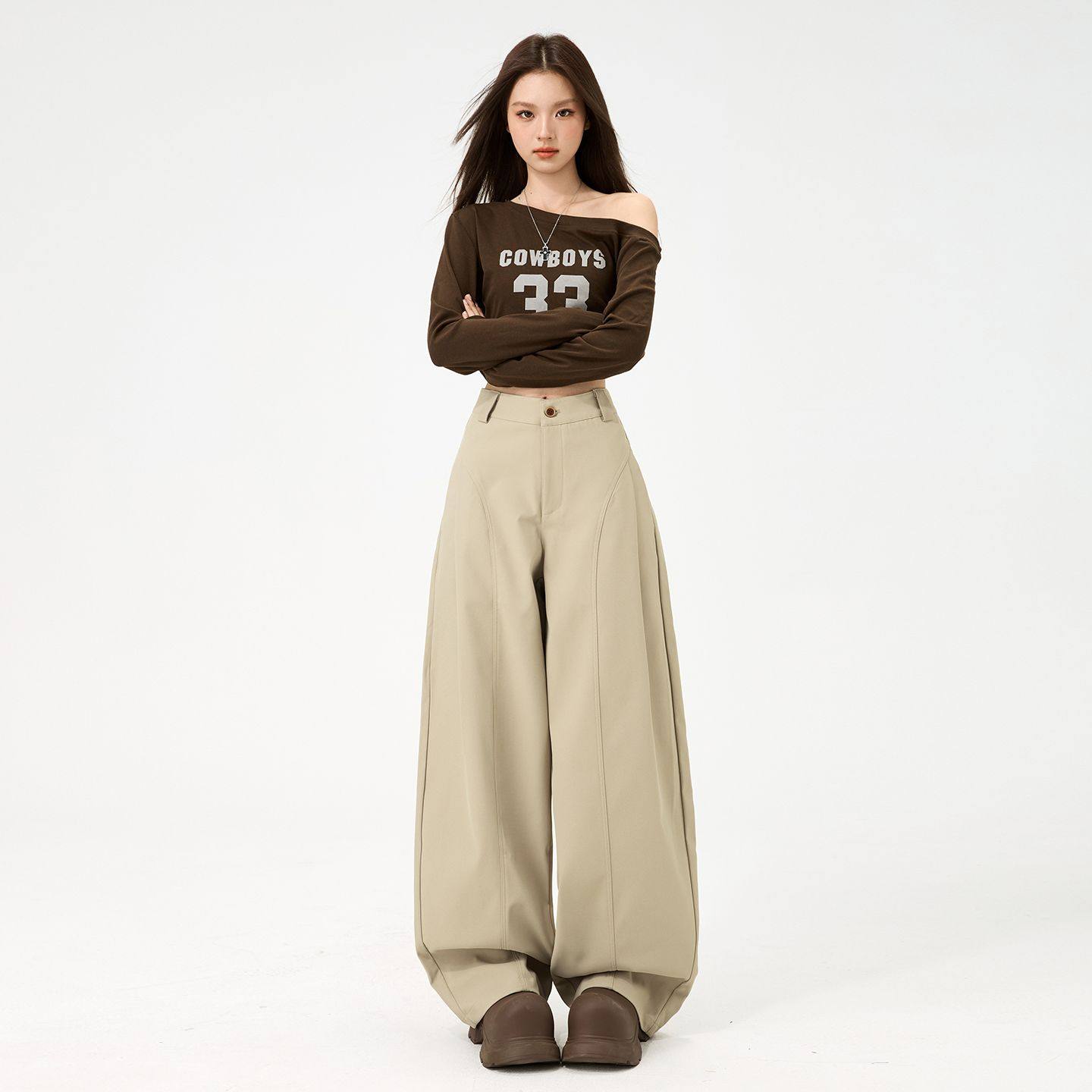 淘稚气卡其色拼接阔腿裤女