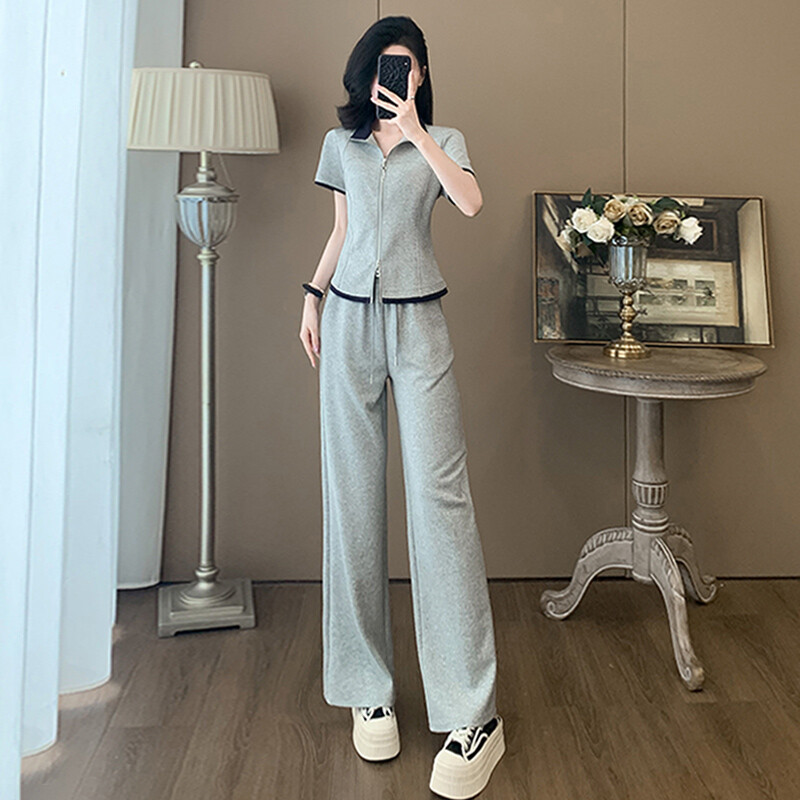 韩版时尚休闲运动套装女夏季新款纯色拼接立领短袖阔腿裤两件套潮