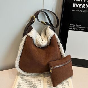 复古风磨砂鹿皮绒翻毛皮托特包毛绒女包包通勤大容量单肩包斜挎包