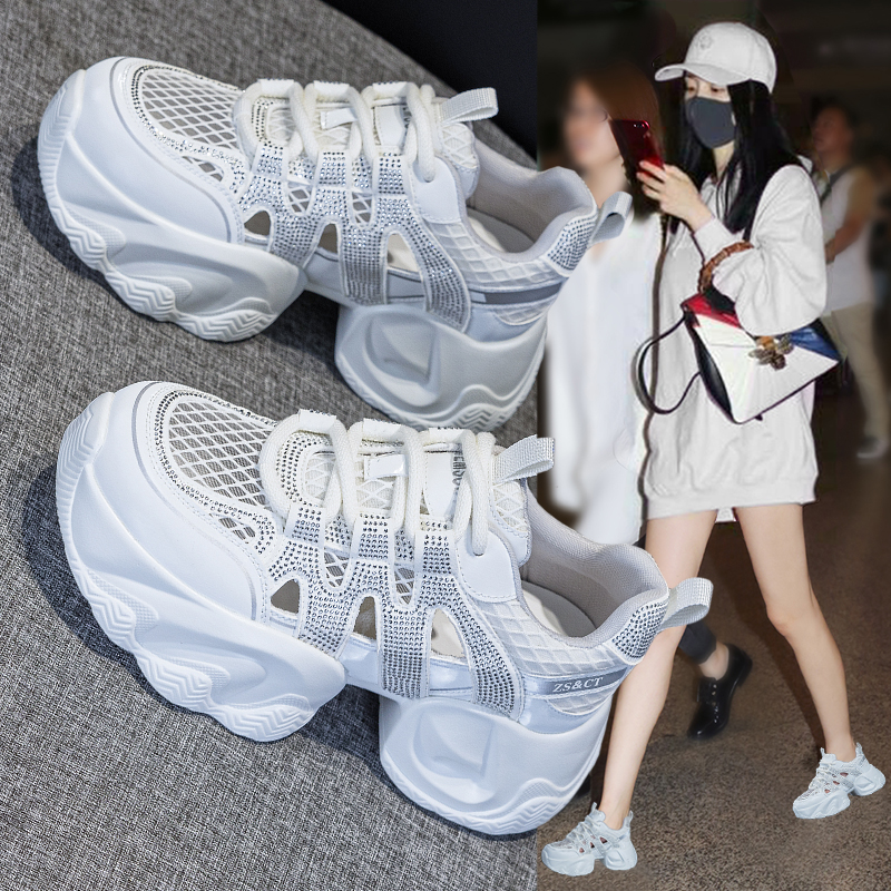 夏季网面镂空小白鞋女2025新款厚底小个子增高轻便运动休闲老爹鞋