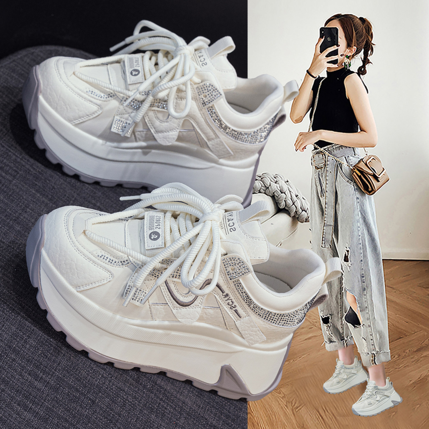 欧洲站巨好看阿甘鞋女2026春季新款水钻厚底内增高运动休闲老爹鞋,女鞋,时尚休闲鞋,淘宝优惠券,粉丝福利购,淘宝优惠卷