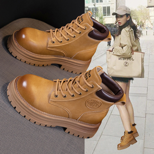 真皮厚底马丁靴女英伦风2025新款 登山机车大黄靴 秋冬超火短靴工装