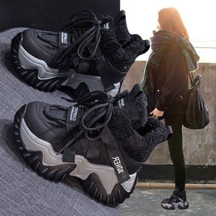 黑色厚底高帮鞋女2025新款秋冬加绒棉鞋超火内增高运动休闲老爹鞋