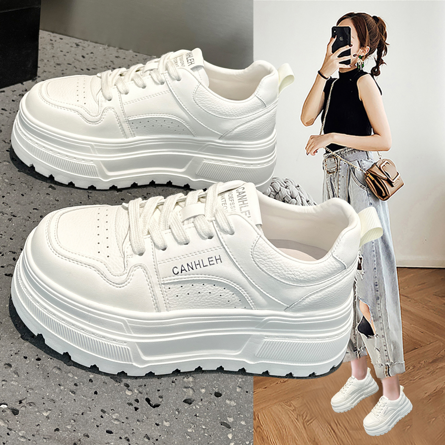 真皮厚底小白鞋女2025年秋季新款