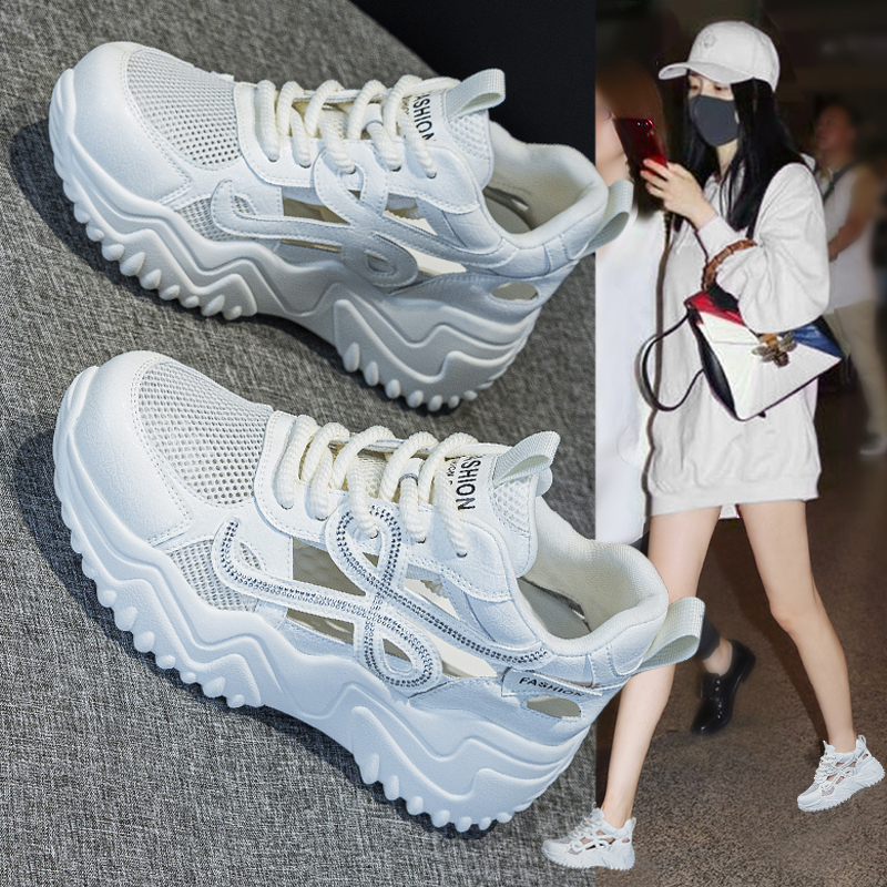 包头运动凉鞋女2025夏季新款超火镂空厚底水钻网面透气轻便老爹鞋