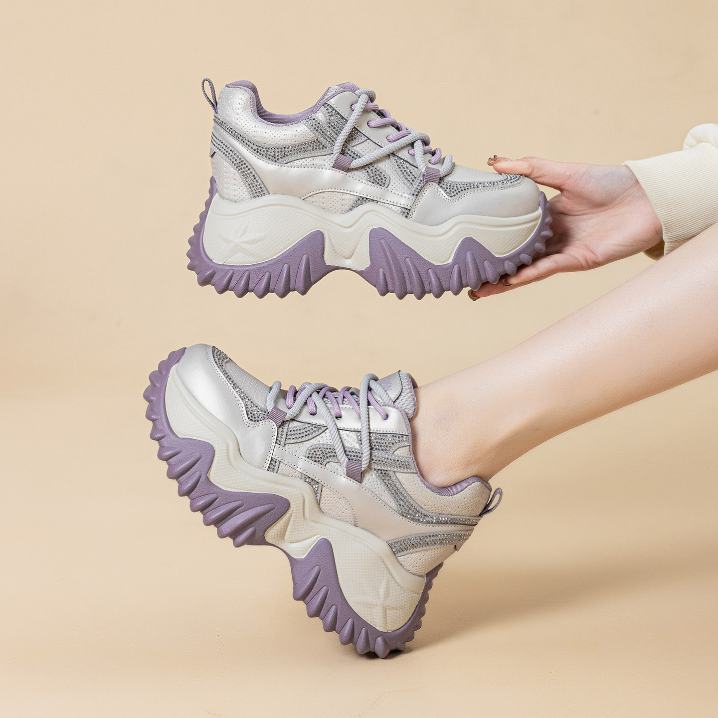 欧洲站紫色老爹鞋女2026春季新款水钻系带厚底内增高运动休闲女鞋,女鞋,时尚休闲鞋,淘宝优惠券,粉丝福利购,淘宝优惠卷