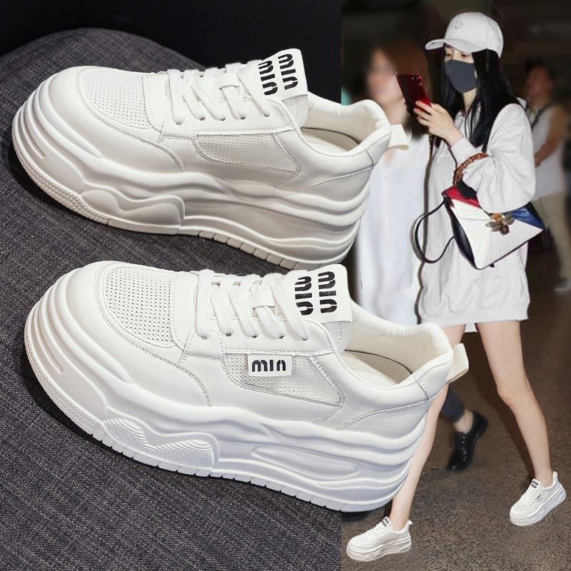 真皮内增高小白鞋女2025夏季新款百搭网面透气厚底松糕运动休闲鞋