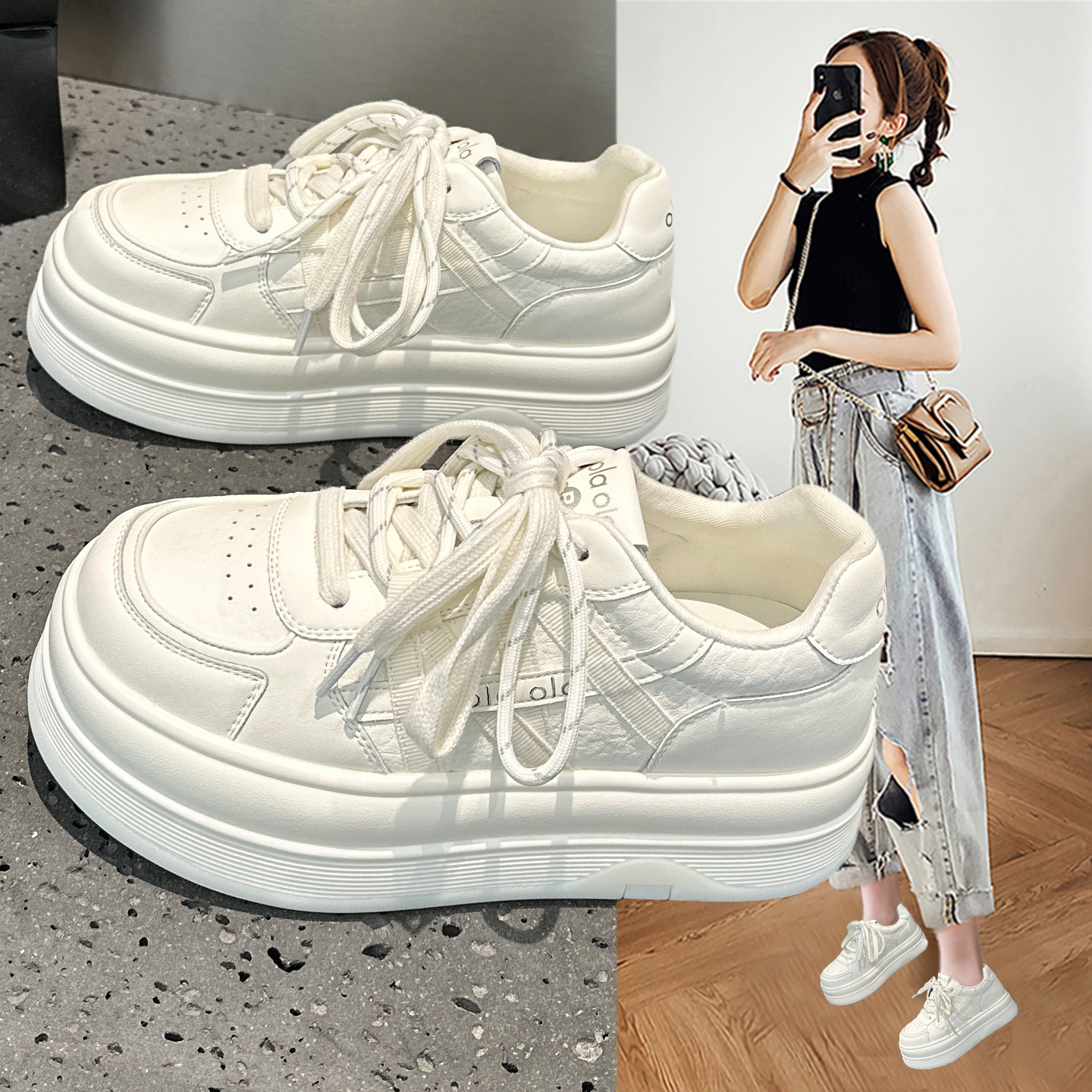 真皮双鞋带小白鞋女2025秋冬新款