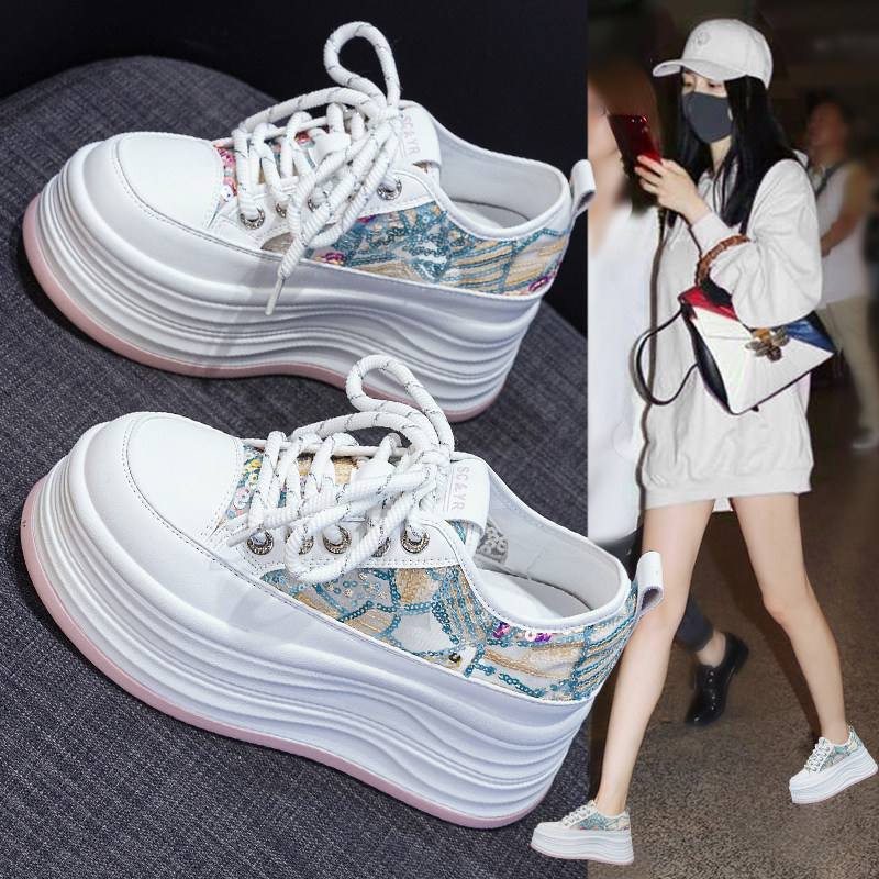 内增高小白鞋女夏季薄款2025新款百搭厚底松糕透气网面亮片单网鞋