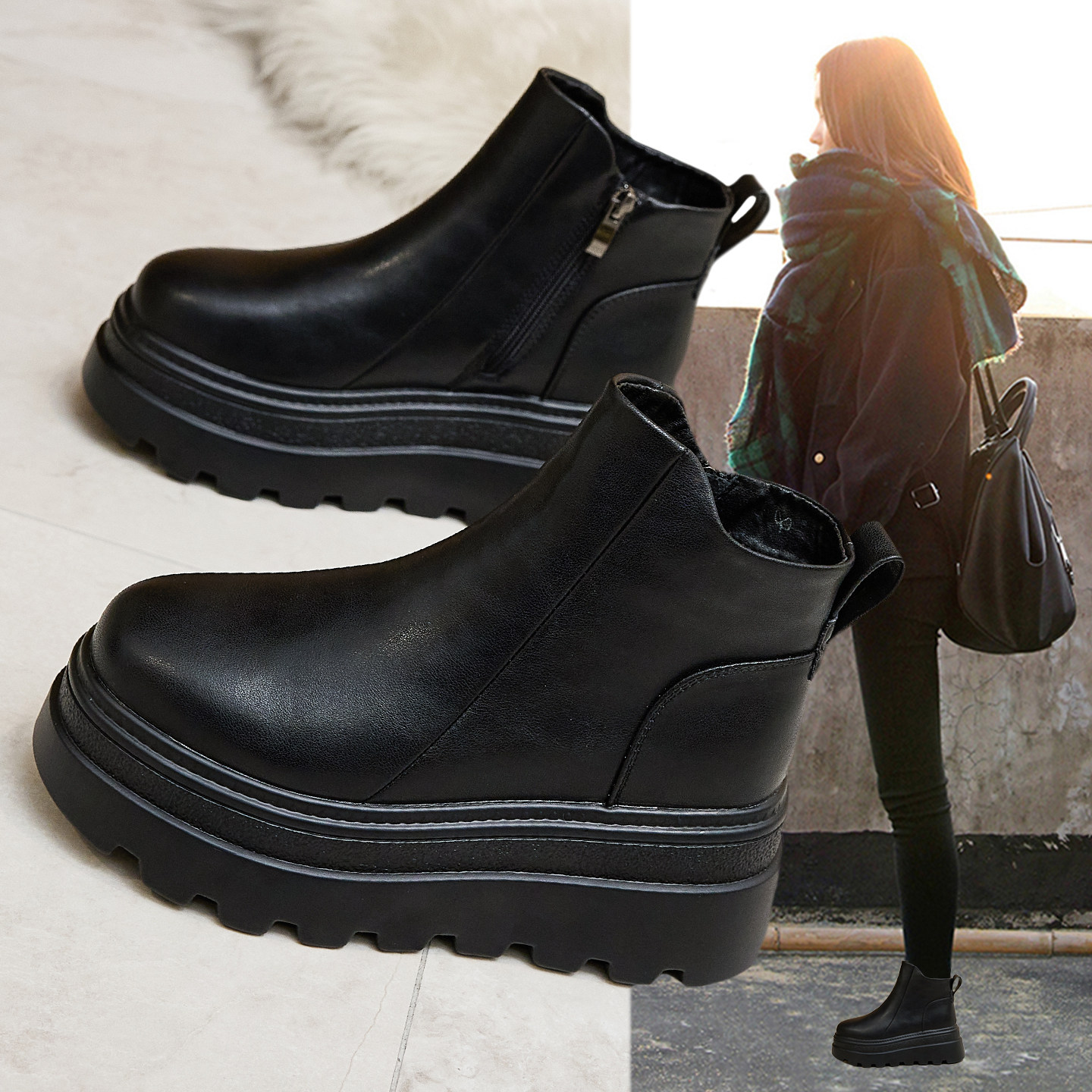 真皮黑色马丁靴女英伦风2025新款秋冬加绒棉鞋厚底增高切尔西短靴,女鞋,马丁靴,淘宝优惠券,粉丝福利购,淘宝优惠卷