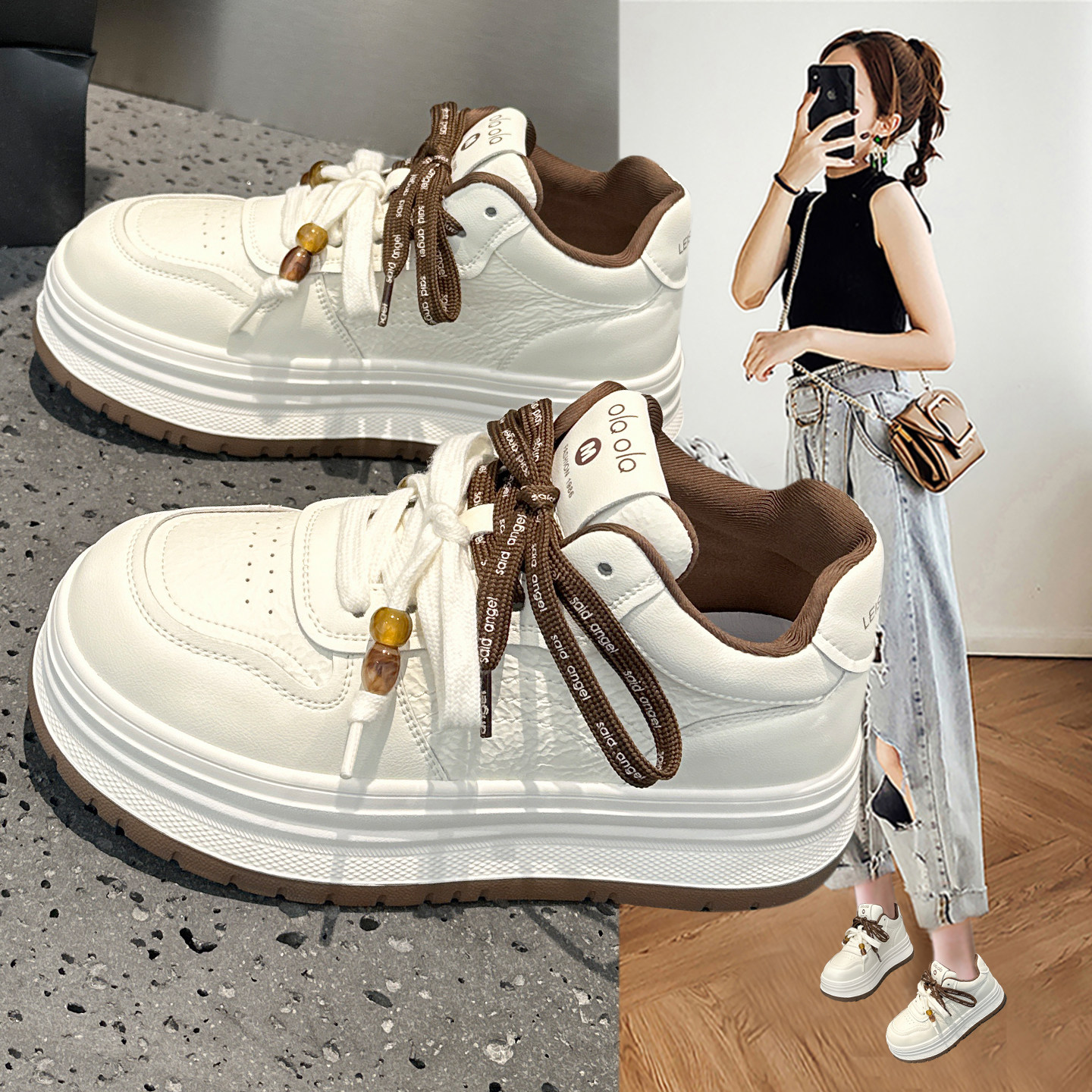 真皮高帮小白鞋女2025秋季新款百搭超火厚底松糕软底休闲运动板鞋,女鞋,高帮鞋,淘宝优惠券,粉丝福利购,淘宝优惠卷