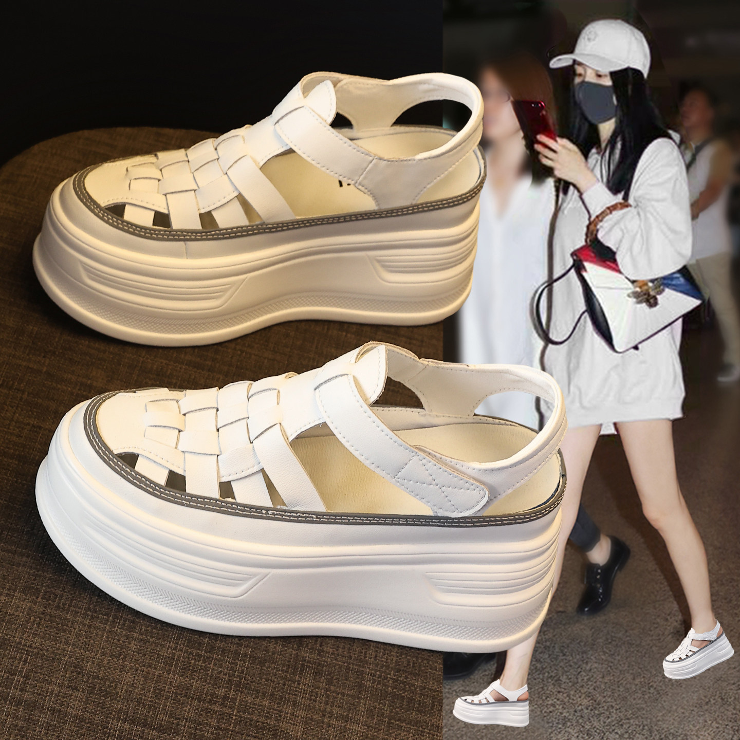 包头内增高凉鞋女2026夏季新款巨好看百搭超火厚底镂空透气小白鞋