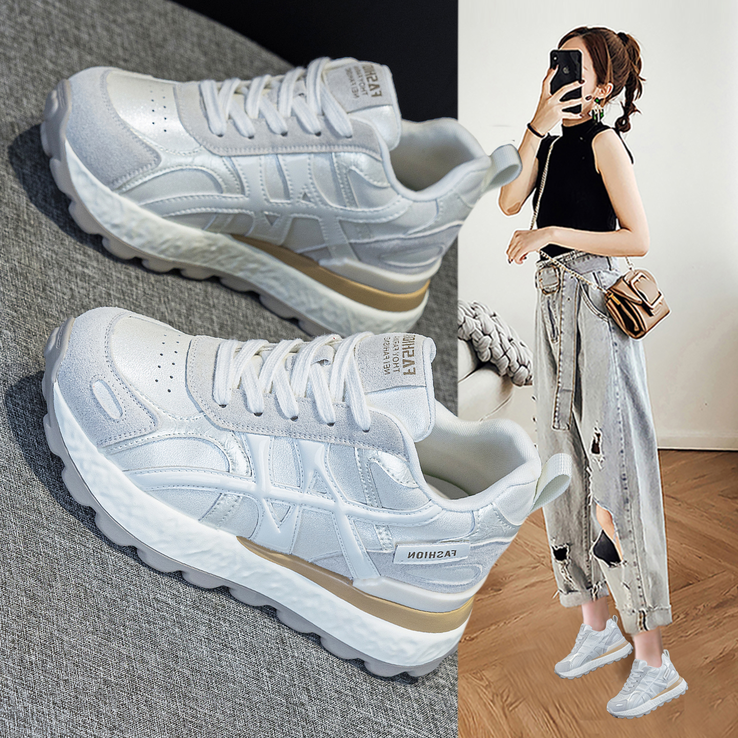 真皮厚底德训鞋女2025年新款秋冬
