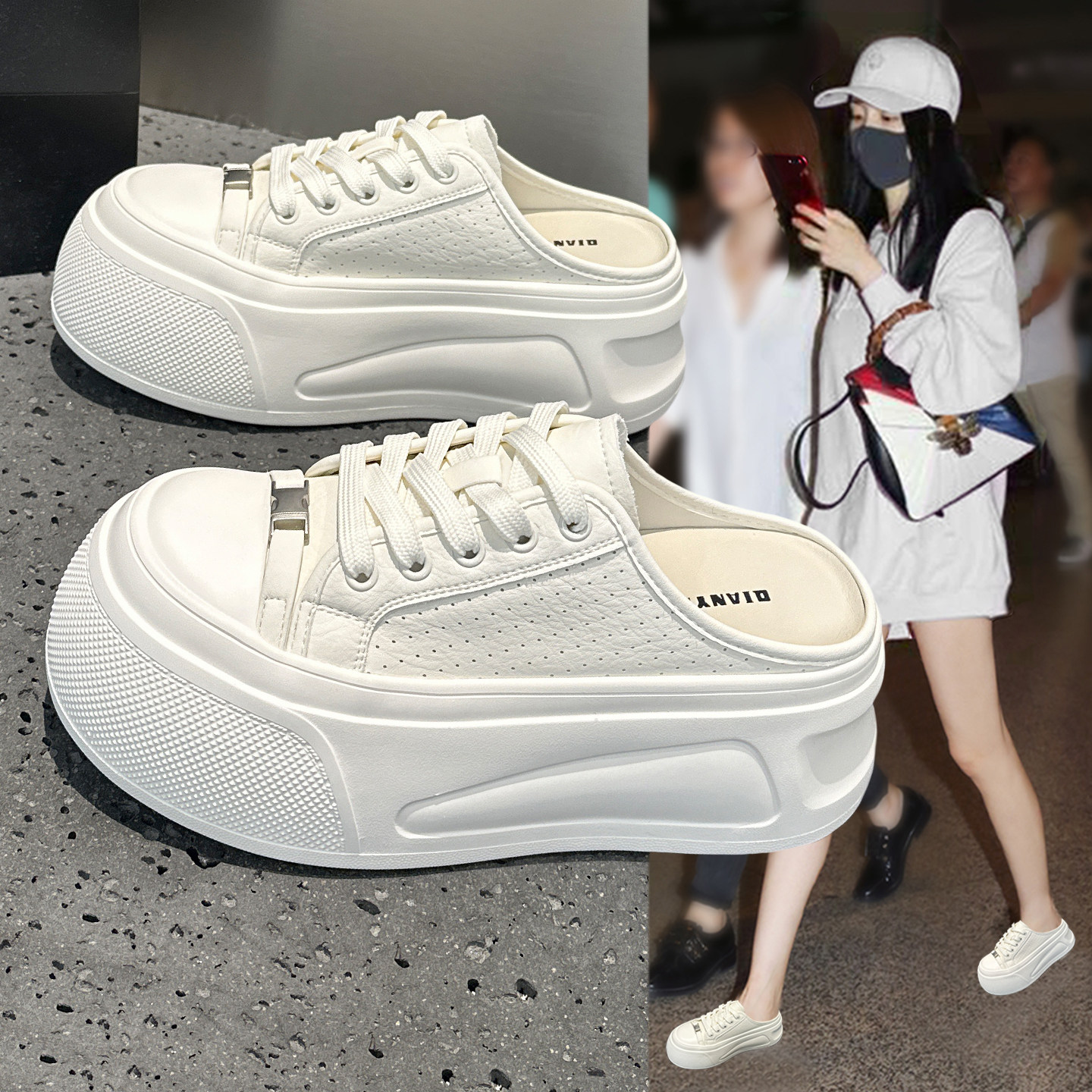 包头半拖小白鞋女2026新款夏季外穿厚底松糕轻便不累脚透气洞洞鞋