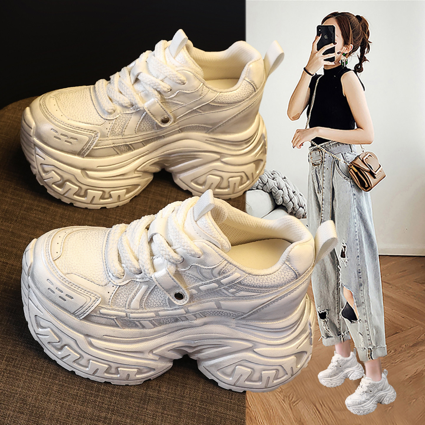 欧洲站内增高老爹鞋女2026春季新款复古擦色做旧厚底运动休闲女鞋,女鞋,时尚休闲鞋,淘宝优惠券,粉丝福利购,淘宝优惠卷