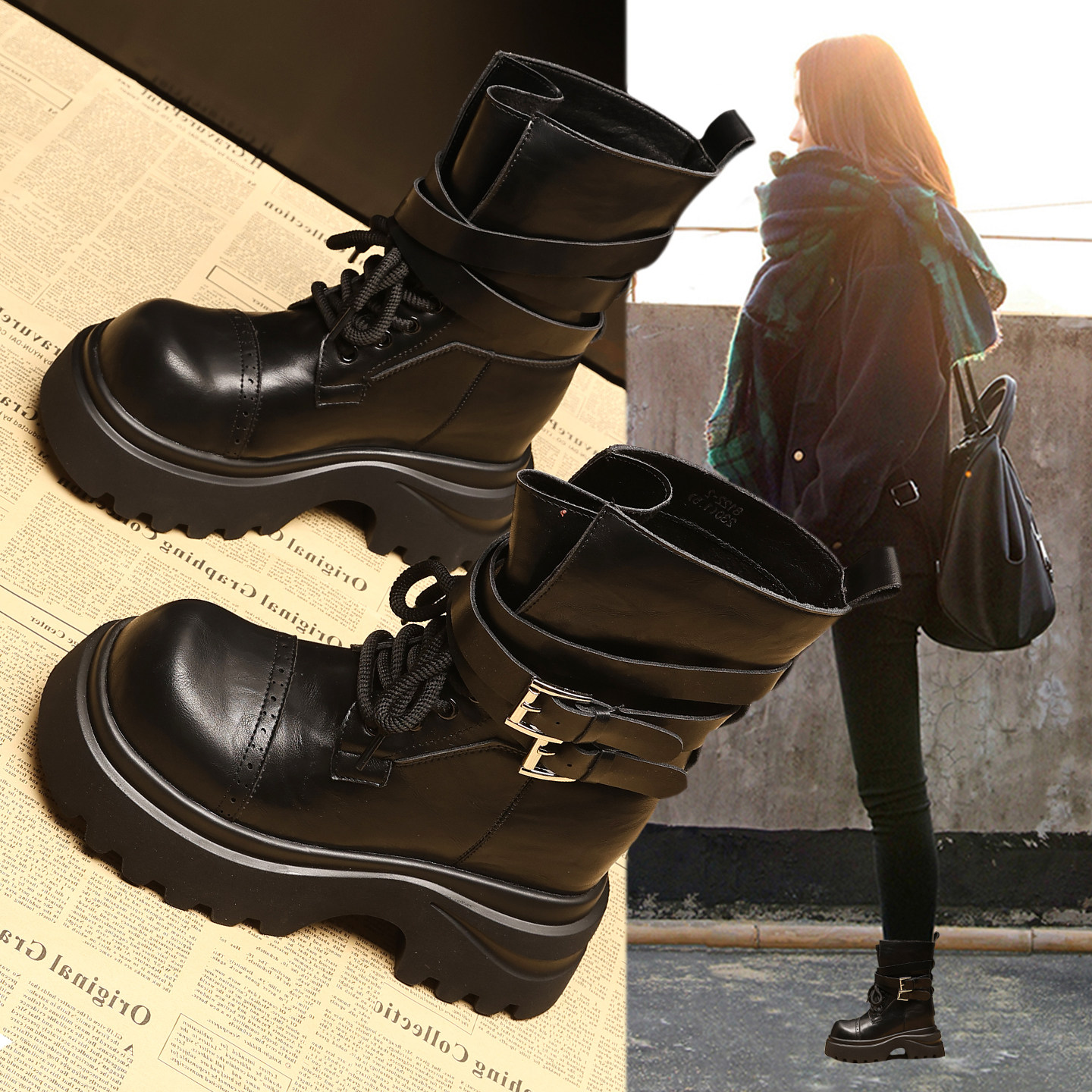 大头内增高马丁靴女英伦风2025新款爆款秋冬加绒超火厚底机车短靴,女鞋,马丁靴,淘宝优惠券,粉丝福利购,淘宝优惠卷