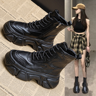 黑色高帮马丁靴女英伦风2025新款秋冬加绒厚底松糕小个子增高短靴