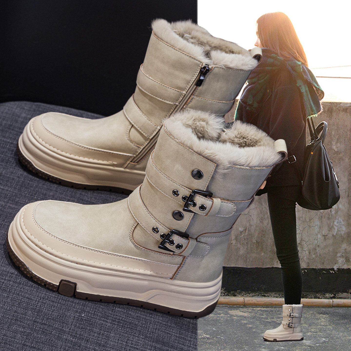 真皮厚底增高雪地靴女2025新款冬季加绒加厚防水防滑保暖大棉短靴,女鞋,时尚雪地靴,淘宝优惠券,粉丝福利购,淘宝优惠卷