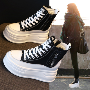 真皮高帮小白鞋女2025新款秋季加绒马丁靴超火厚底内增高休闲短靴