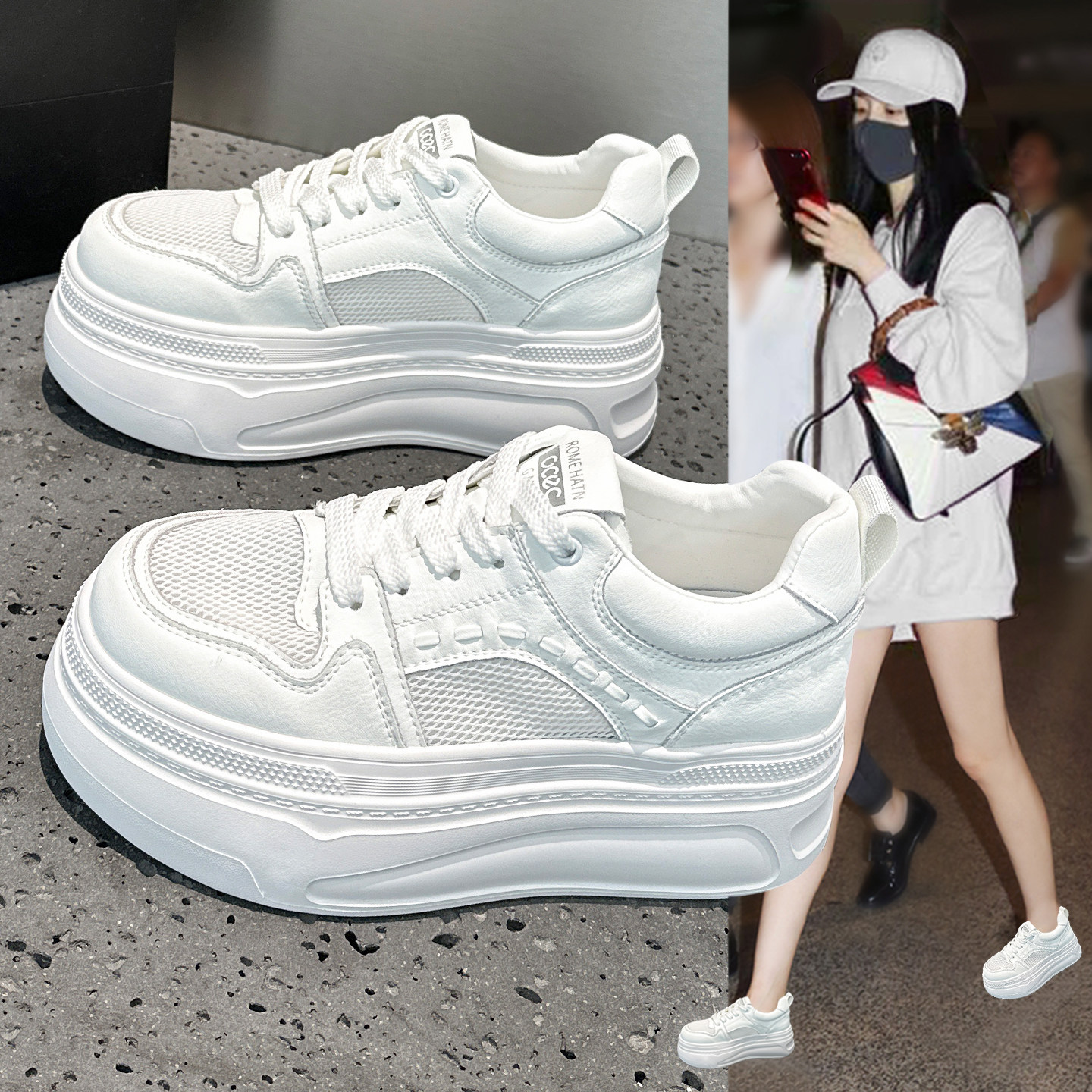 巨好看不累脚小白鞋女夏季薄款2026新款百搭网面厚底松糕休闲板鞋