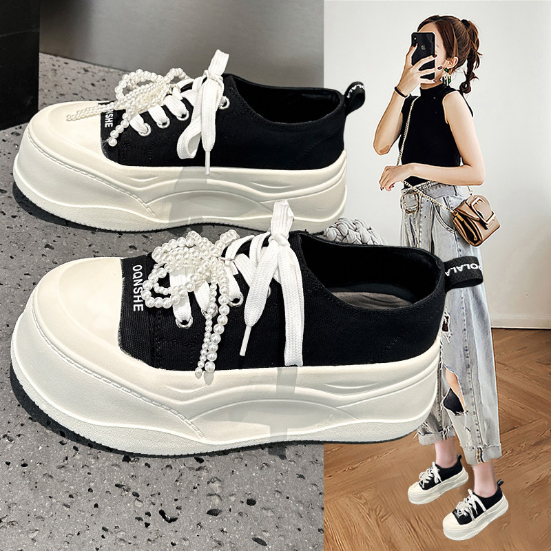 厚底超火帆布鞋女薄款2026新款春夏透气系带松糕软底不累脚小白鞋